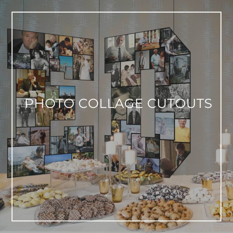 letters E and D 'through the years' photo collage cutout standing on a retirement party dessert table showing photos of the retiree