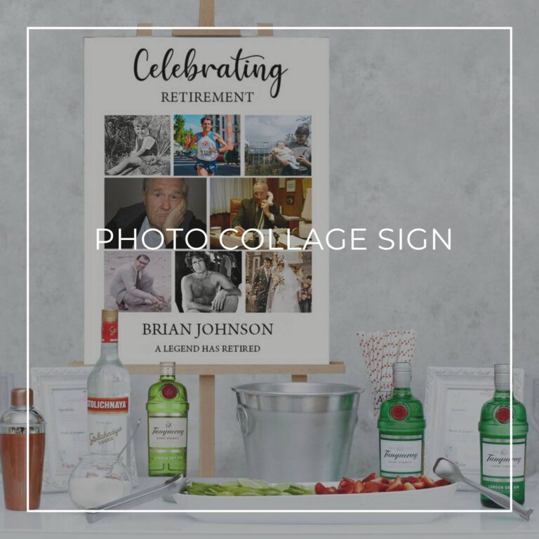 celebrating retirement photo collage sign set up on a party drinks table bar