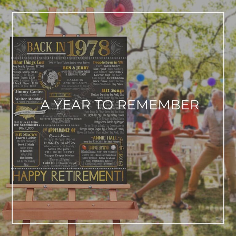 Back in 1978 facts and trivia sign displayed on an easel at a retirement party