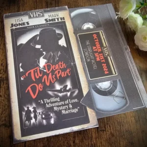 Retro VHS-style wedding invitation set reading 'Til Death Do Us Part, with a video cassette tape
