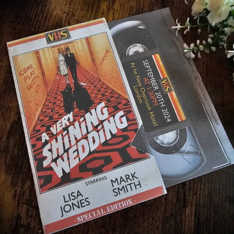 A Very Shining Wedding horror-movie parody VHS wedding invitation with matching video tape insert