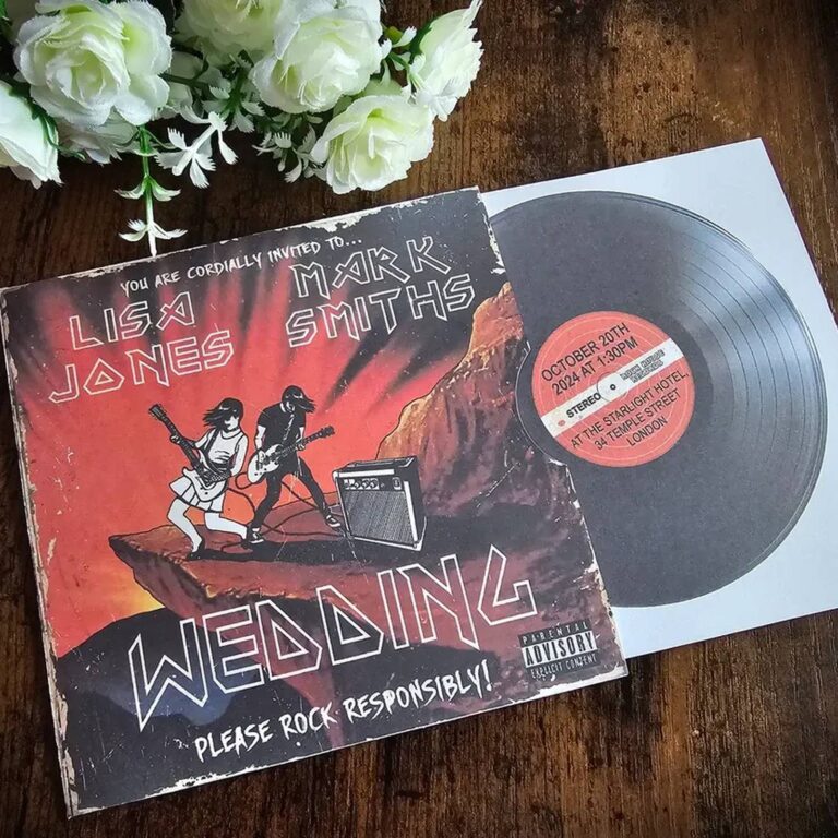 Wedding heavy metal band vinyl record wedding invitation, Please Rock Responsibly
