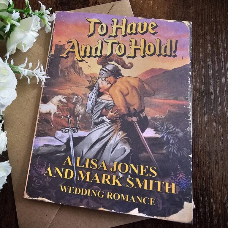 To Have and To Hold fantasy romance novel wedding invitation with knight and bride cover art