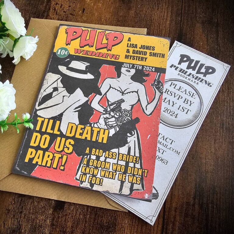 Till Death Do Us Part pulp comic wedding invitation with gun-toting bride, plus matching bookmark RSVP card