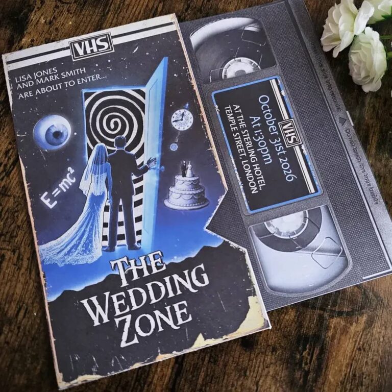 The Wedding Zone sci-fi VHS wedding invitation with spiral portal artwork