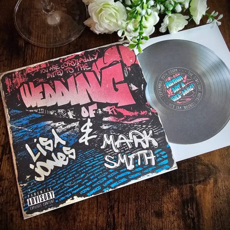 Nothin’ But a Wed-Dang punk graffiti-style vinyl record wedding invitation