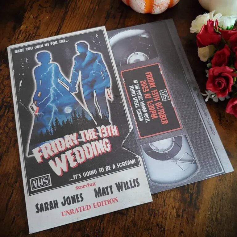 Friday the 13th Wedding horror-movie VHS wedding invitation with matching video tape insert