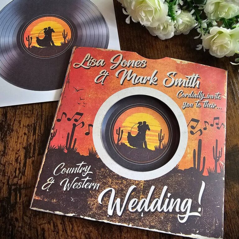 Country and Western vinyl record wedding invitation with sunset desert dancing couple design