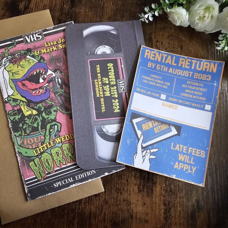 Little Wedding Horrors VHS wedding invitation with matching video tape and Rental Return RSVP card