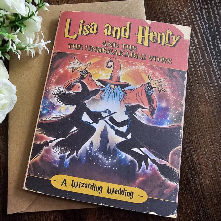 Lisa and Henry and the Unbreakable Vows wizarding wedding invitation styled as a book cover