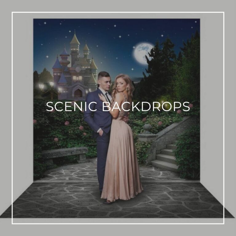 couple standing in front of a scenic party backdrop of a fairy tale castle at night