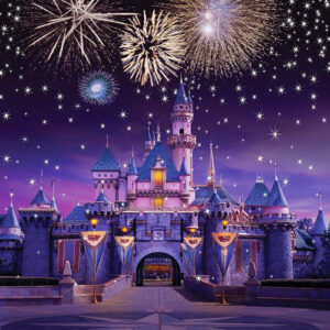 Disney castle with fireworks scenic party backdrop