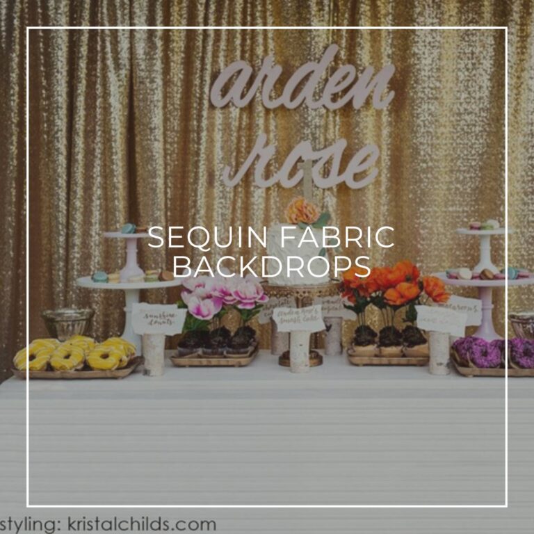 gold sequin fabric dessert table party backdrop with custom name sign spelling Arden Rose