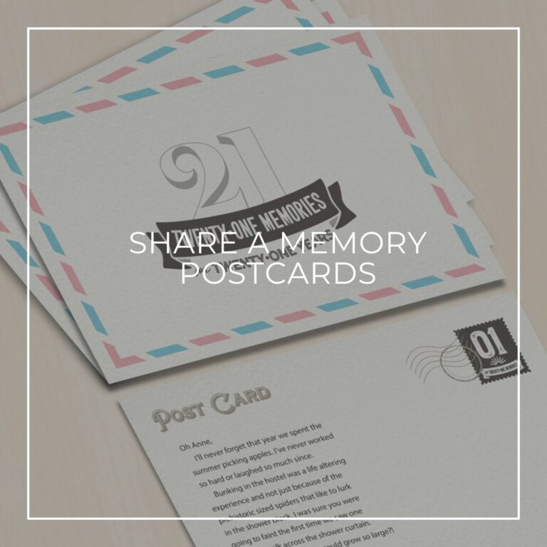 Share a Memory postcards printed with '21 Memories for 21 Years' on one side and handwritten message on reverse