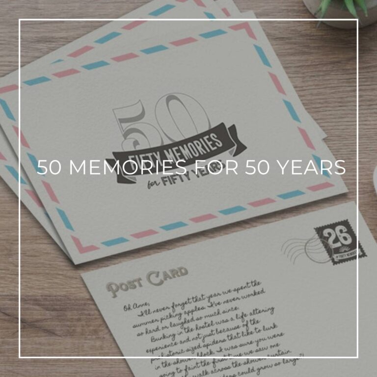 Share a Memory postcards printed with '50 Memories for 50 Years' on one side and handwritten message on reverse