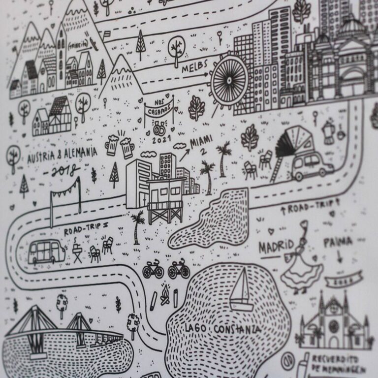 Close-up of an illustrated love map detail showing Austria & Alemania, Miami and Lago Constanza
