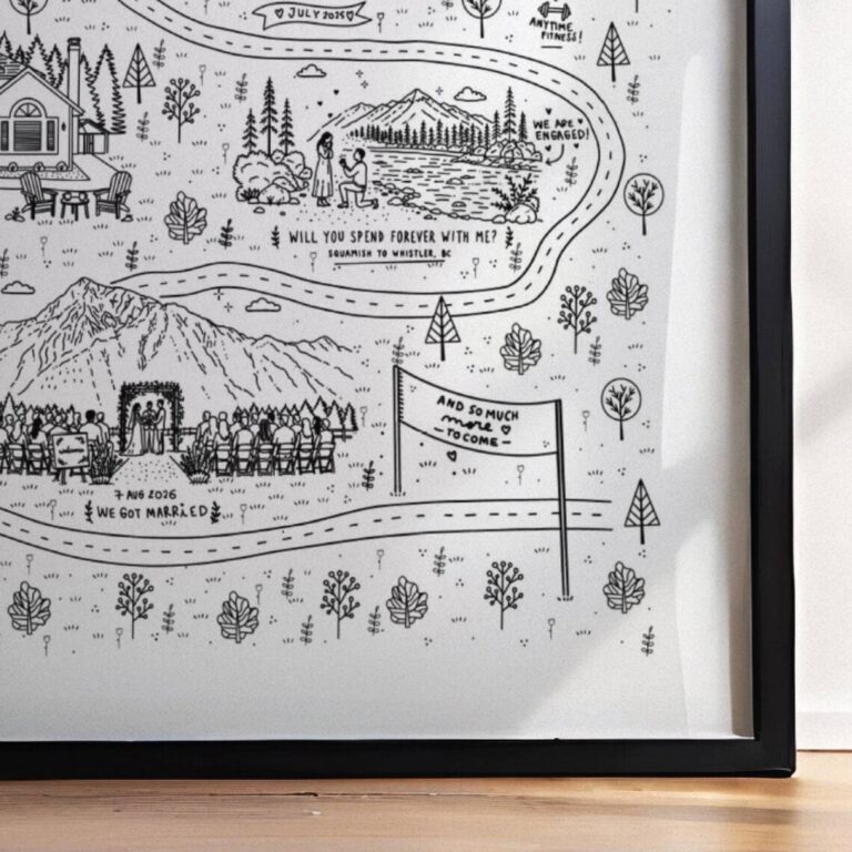 Map detail of a lakeside proposal ‘Will You Spend Forever With Me?’ near Squamish to Whistler, BC