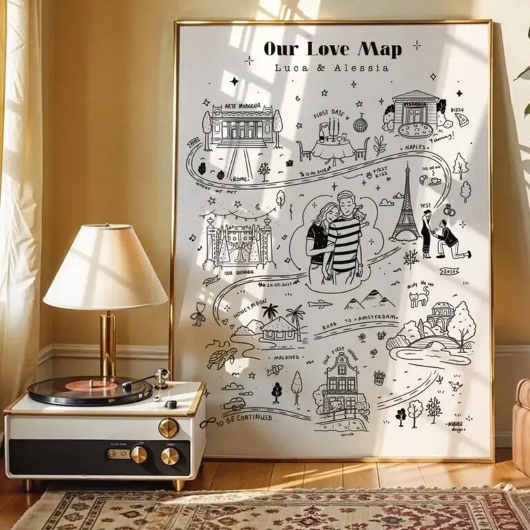 Framed ‘Our Love Map’ for Luca & Alessia leaning in a sunlit room, tracing Rome to Amsterdam