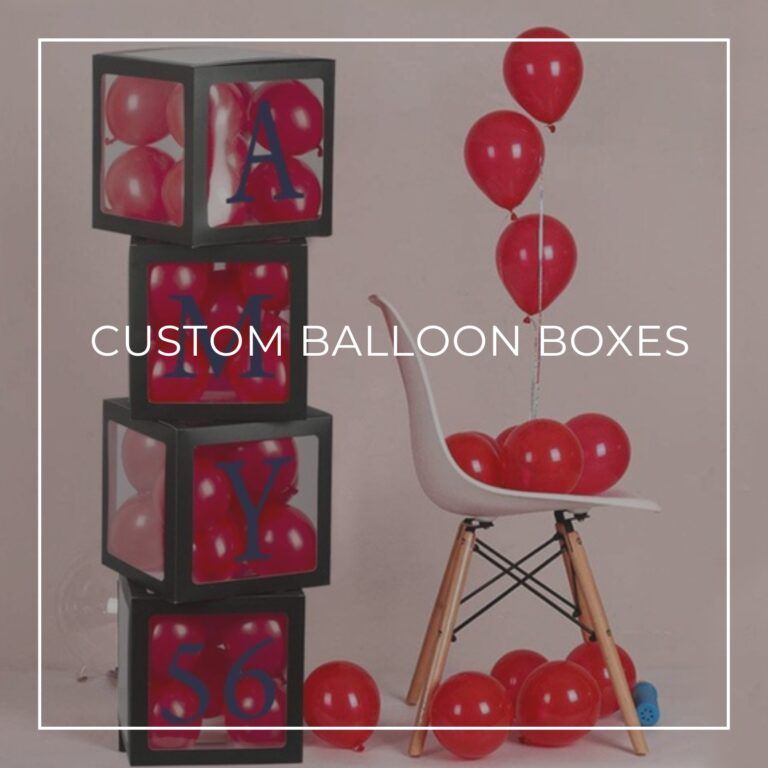a stack of 4 custom balloon boxes spelling 'Amy is 56' filled with red balloons