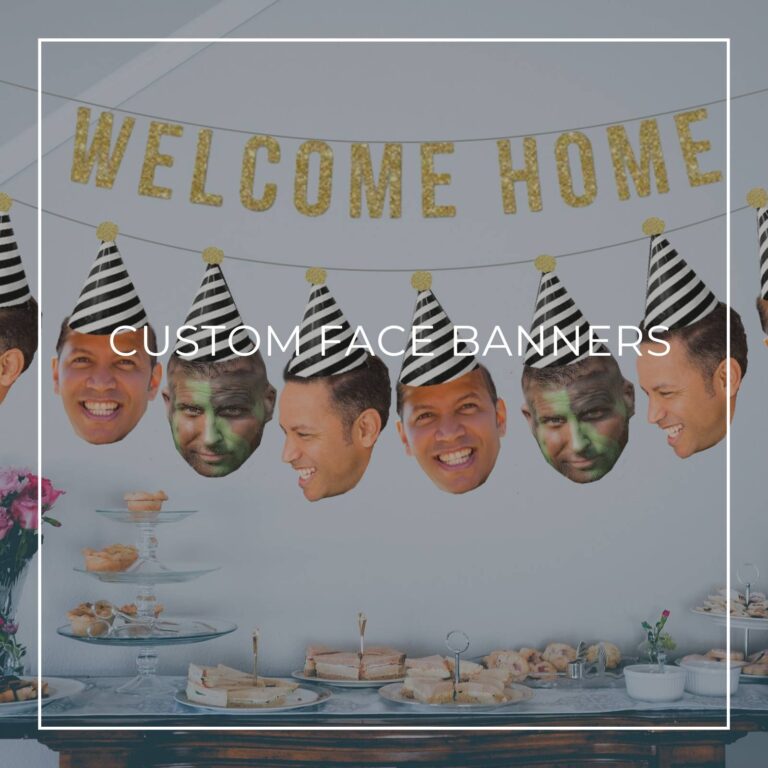 surprise party custom face photo banners showing different photos of a man hung above party dessert table