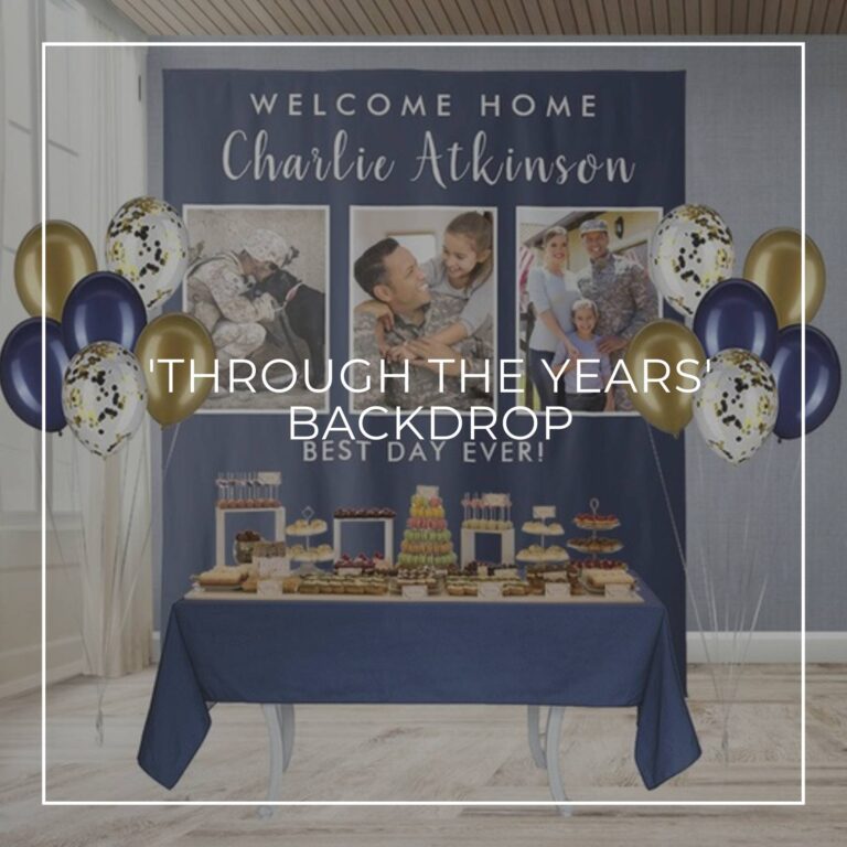 Welcome Home custom photo surprise party backdrop behind a party dessert table