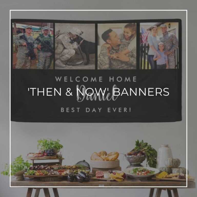 Welcome Home custom 'Then & Now' photo banner decorations hung above party food table