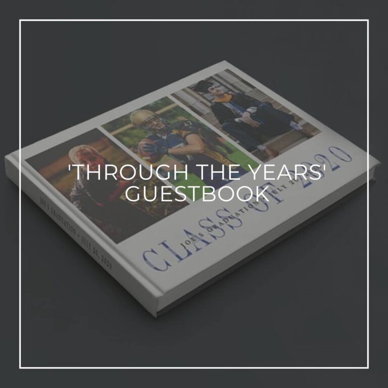 'Through the Years' custom photo surprise party guestbook showing the birthday boy through 65 years