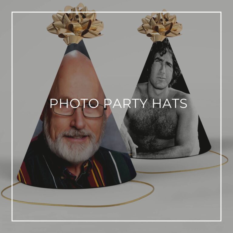 color and black & white photo party hats showing the guest of honor now and as a younger man