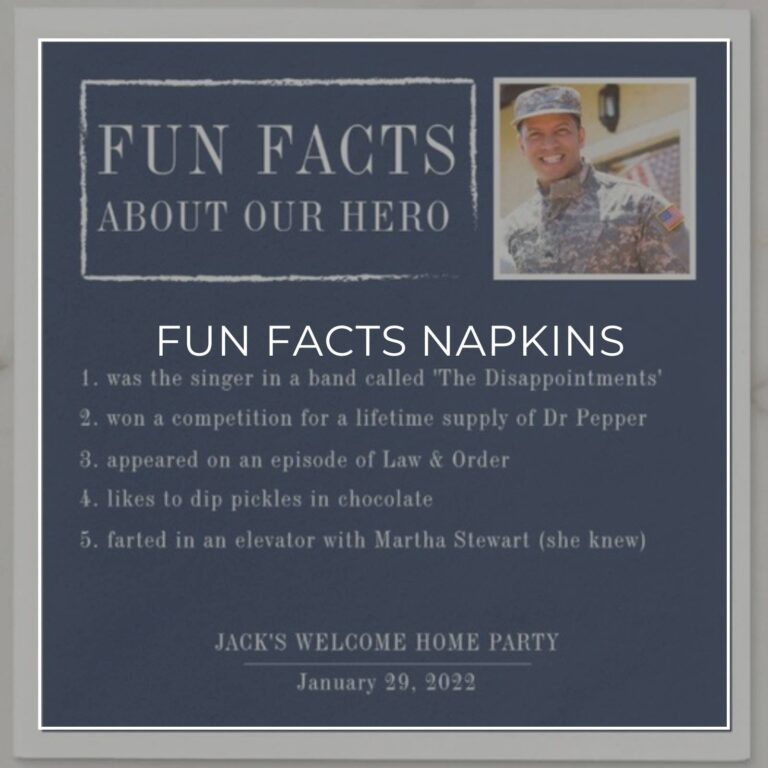 custom photo 'Fun Facts about the Guest of Honor' surprise welcome home party napkins