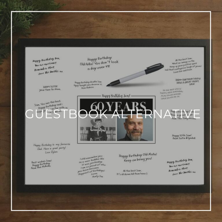 surprise party custom 'then & now' photo framed signing poster guestbook alternative