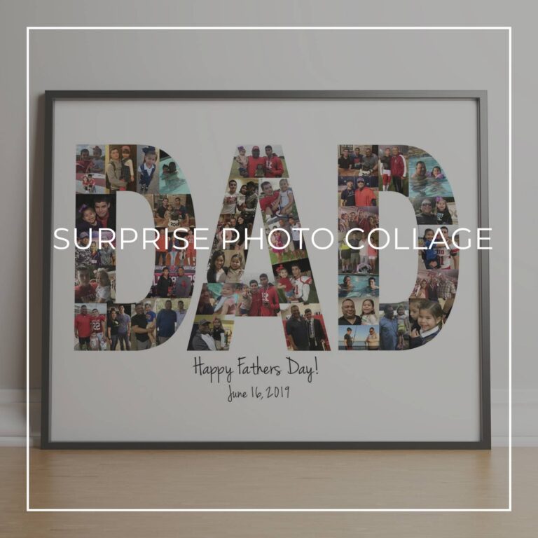 framed photo collage with the letters DAD made up of 'through the years' style photos of the birthday boy at different ages