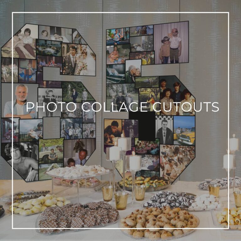 number 65 'through the years' photo collage cutout standing on a surprise party dessert table showing photos of the guest of honor