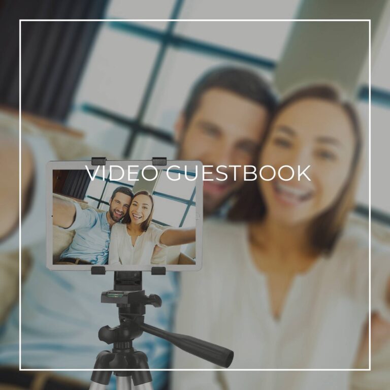 couple recording a video message on a tablet on a tripod for a surprise party