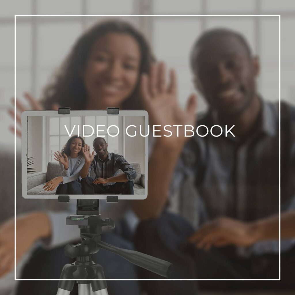 couple recording a video message on a tablet on a tripod for a birthday party