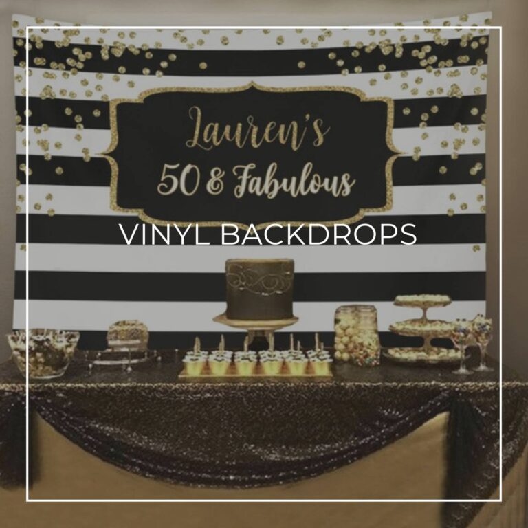 black and white striped with gold sequins 'Lauren's 50 & Fabulous' custom vinyl dessert table backdrop