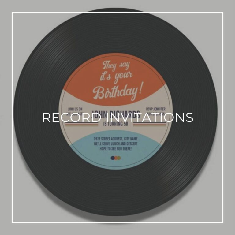 Birthday invitation designed as a vinyl record label reading They Say It's Your Birthday