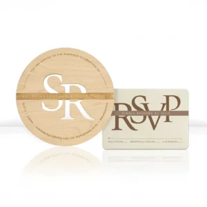 Wedding invitation laser engraved on a round wood disc with monogram initials